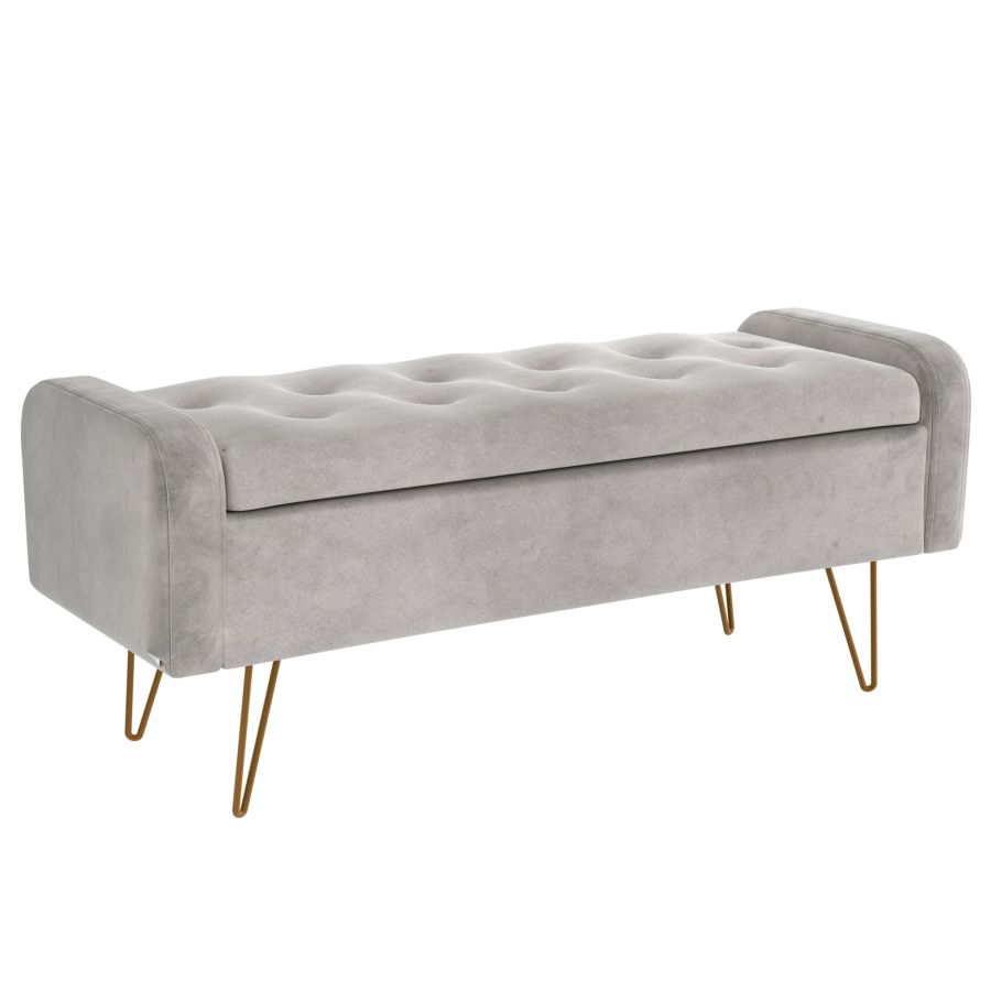 Pouf/banc de rangement Sabel gris avec pattes dorées vieillies