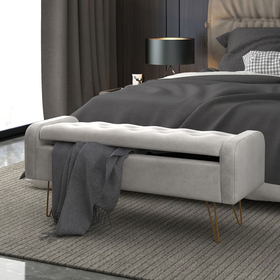 Pouf/banc de rangement Sabel gris avec pattes dorées vieillies