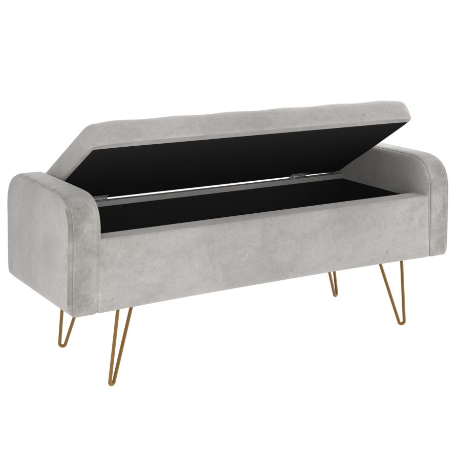 Pouf/banc de rangement Sabel gris avec pattes dorées vieillies