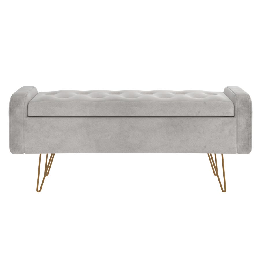 Pouf/banc de rangement Sabel gris avec pattes dorées vieillies