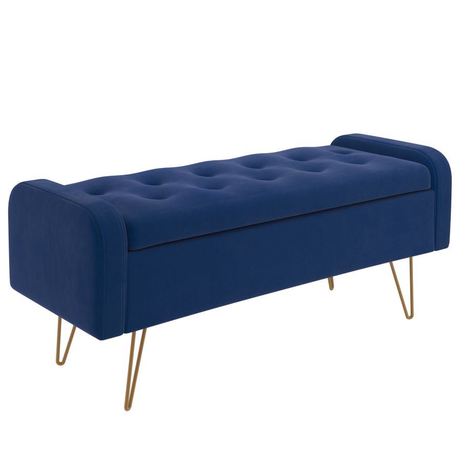 Pouf/banc de rangement Sabel bleu avec pieds dorés vieillis