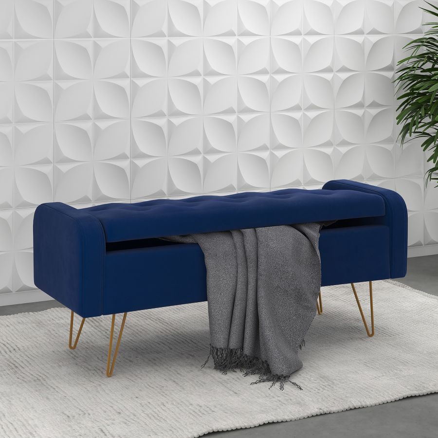 Pouf/banc de rangement Sabel bleu avec pieds dorés vieillis