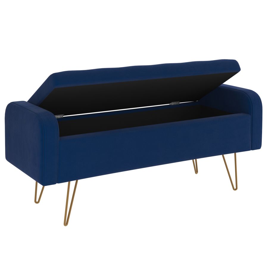 Pouf/banc de rangement Sabel bleu avec pieds dorés vieillis