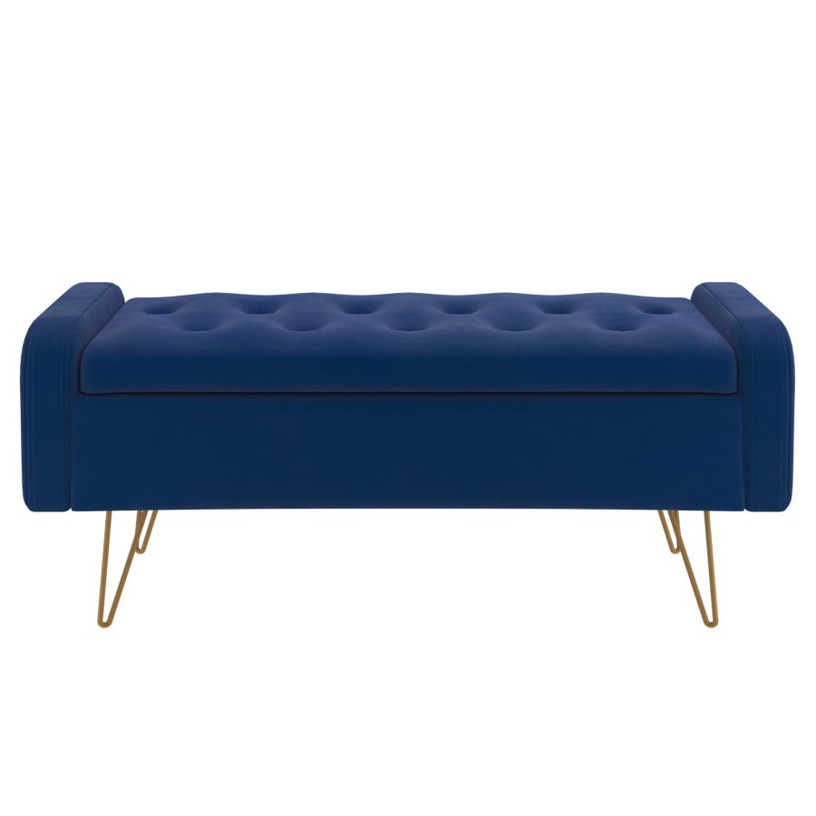 Pouf/banc de rangement Sabel bleu avec pieds dorés vieillis