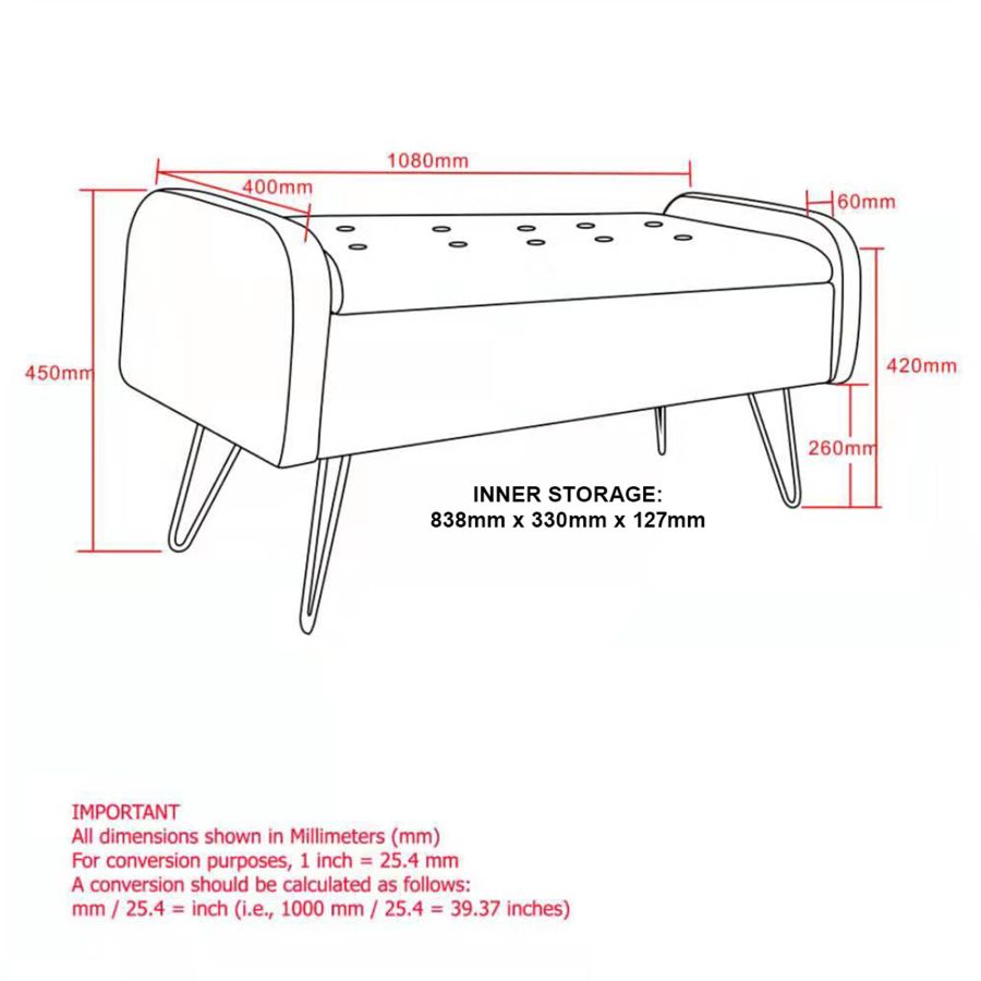 Pouf/banc de rangement Sabel bleu avec pieds dorés vieillis
