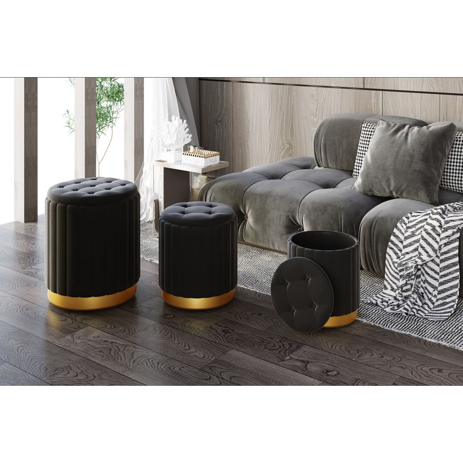 Ensemble de 3 poufs de rangement Tobi en noir et or