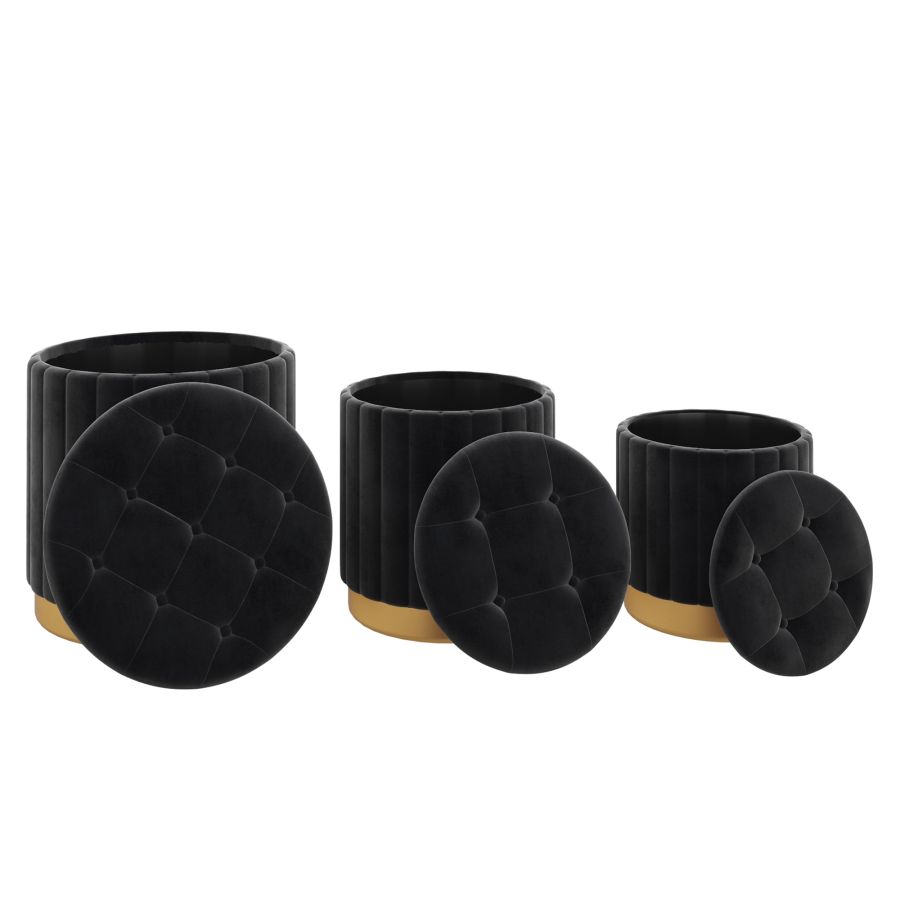 Ensemble de 3 poufs de rangement Tobi en noir et or