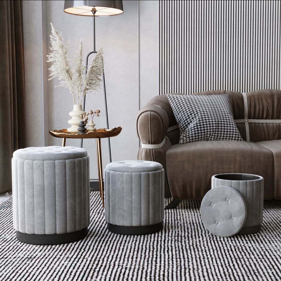 Ensemble de 3 poufs de rangement Tobi en gris et noir