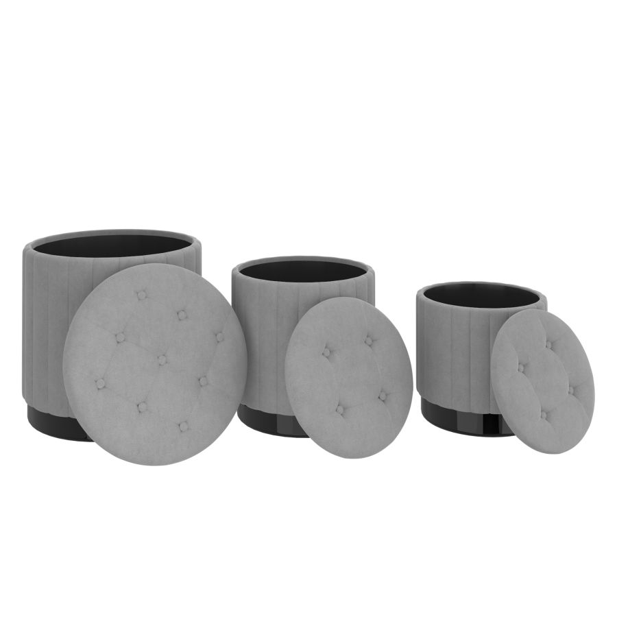 Ensemble de 3 poufs de rangement Tobi en gris et noir