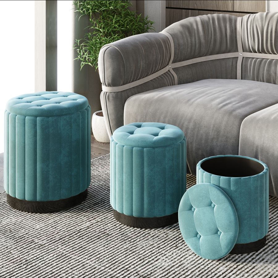 Ensemble de 3 poufs de rangement Tobi en bleu sarcelle et noir