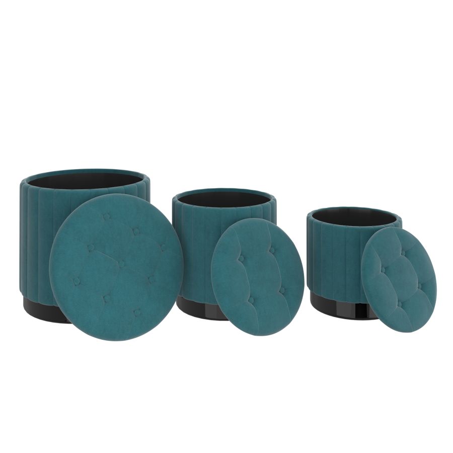 Ensemble de 3 poufs de rangement Tobi en bleu sarcelle et noir