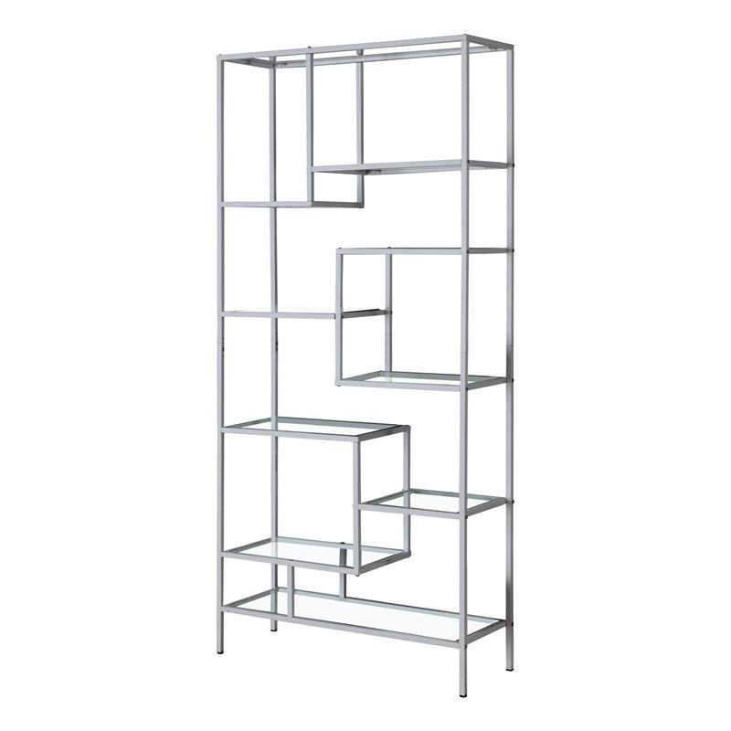 BIBLIOTHÈQUE - 72"H / MÉTAL ARGENT AVEC VERRE TREMPÉ 