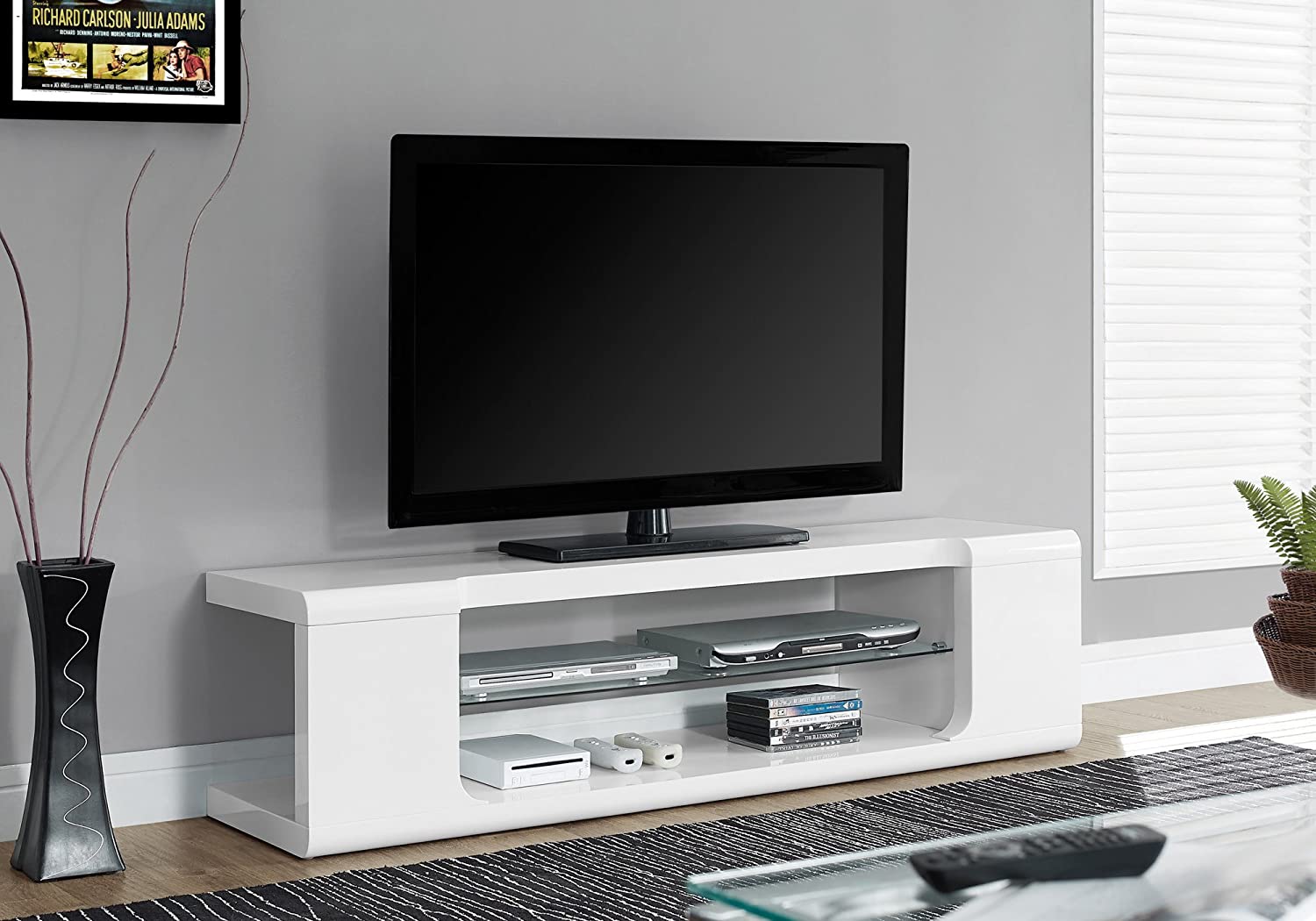 MEUBLE TV - 60"L / BLANC LUSTRE AVEC VERRE TREMPE