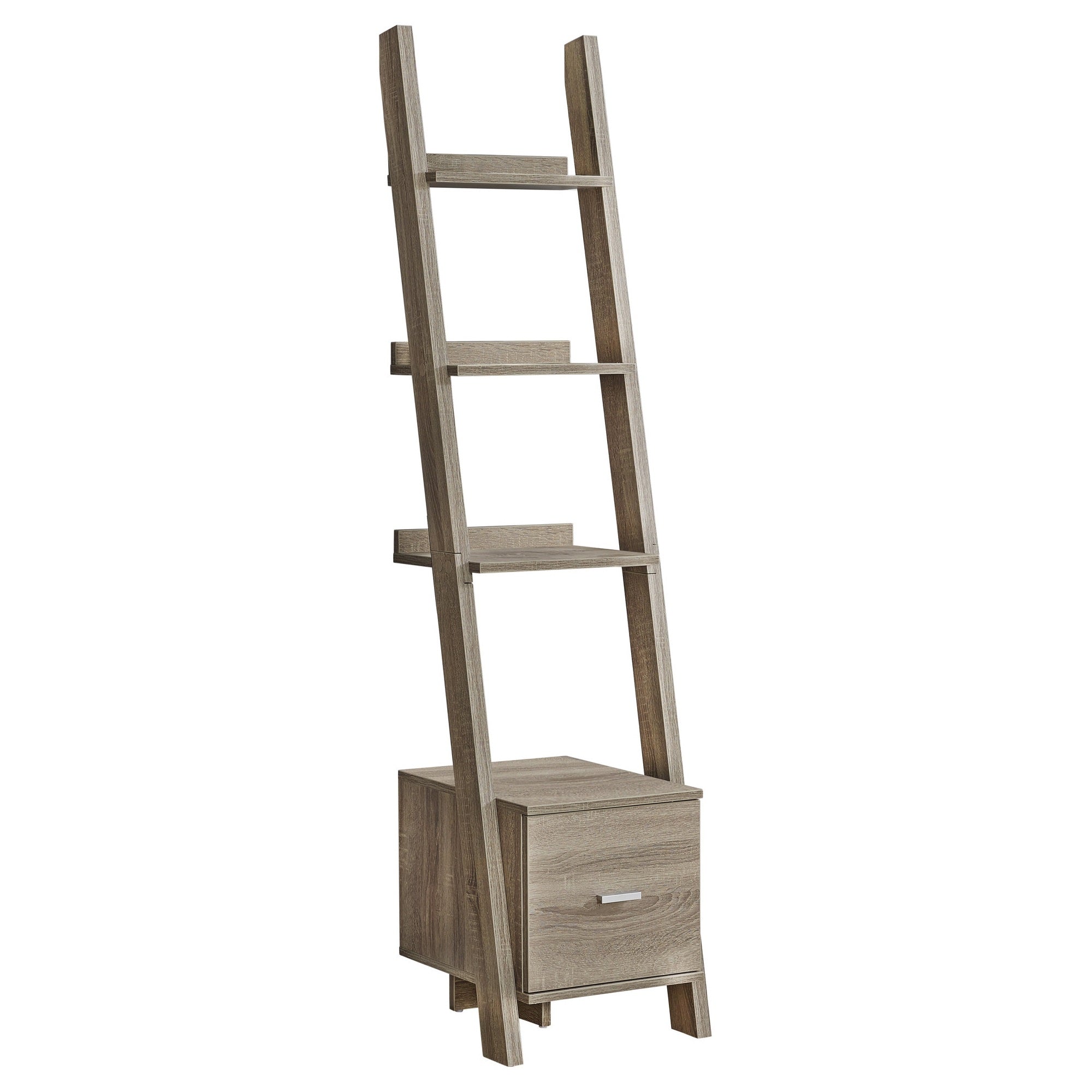 BIBLIOTHEQUE - 69"H / ETAGERE EN COIN TAUPE FONCE AVEC TIROIR