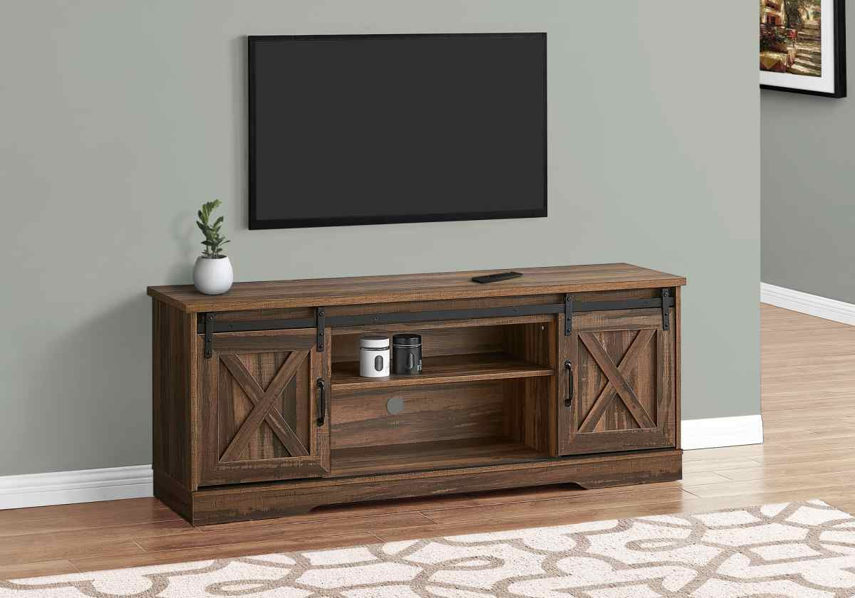 MEUBLE TV - 60"L / FAUX BOIS BRUN / 2 PORTES COULISSANTES