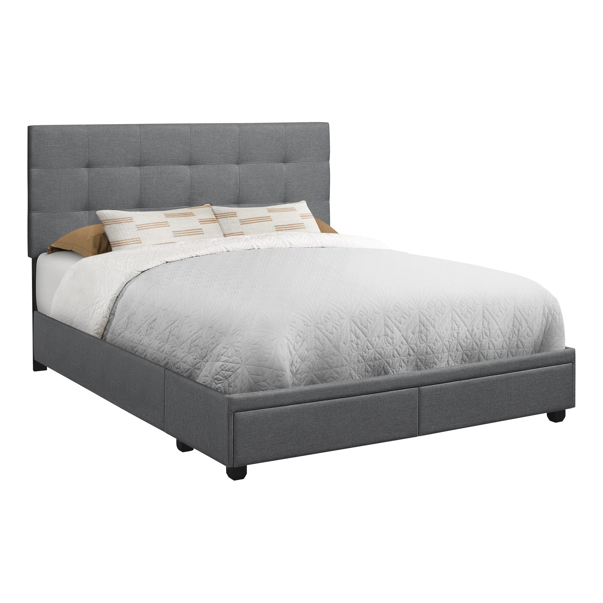 LIT - QUEEN SIZE / LIN GRIS AVEC 2 TIROIRS DE RANGEMENT 