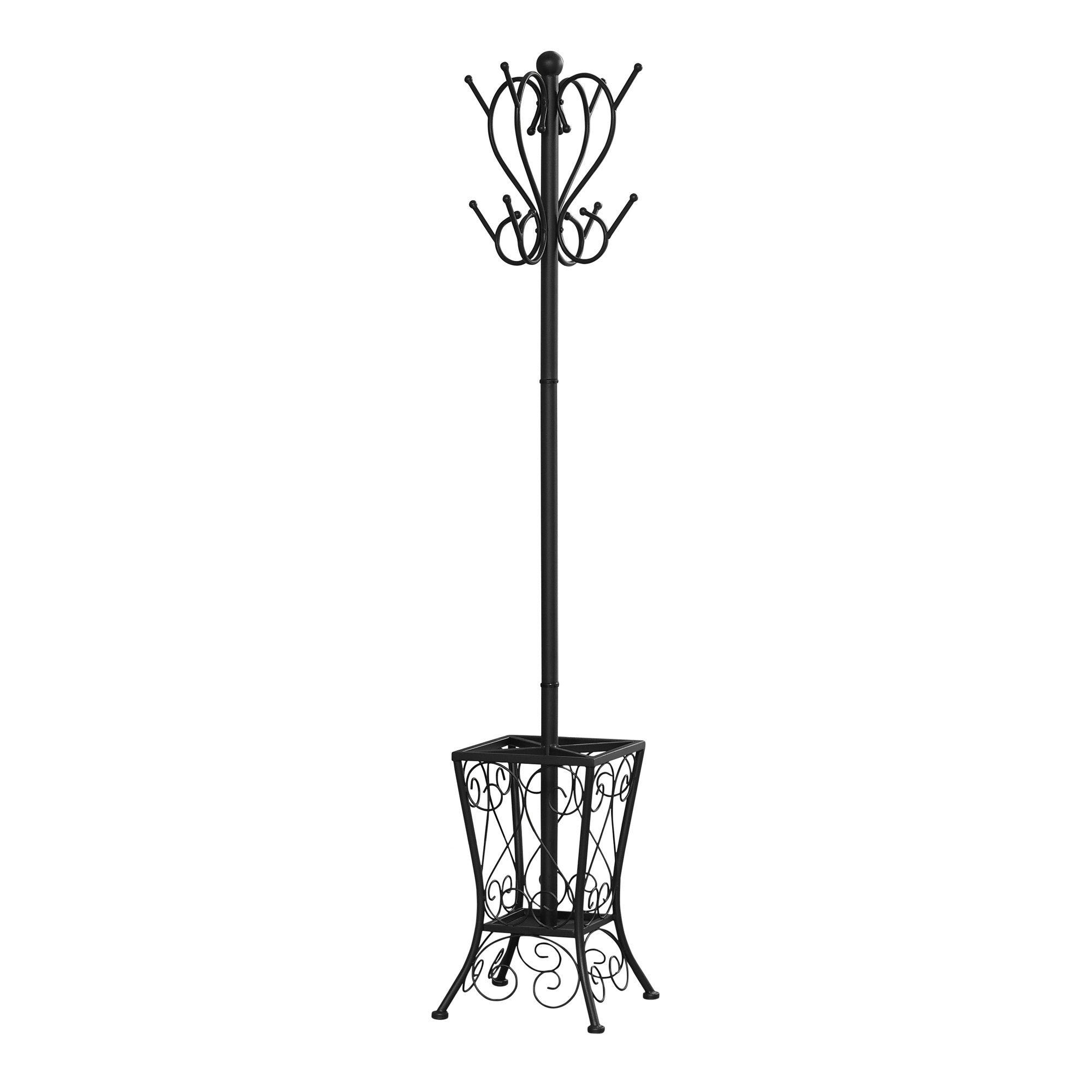 PORTE MANTEAU - 71"H / METAL NOIR AVEC PORTE PARAPLUIE 