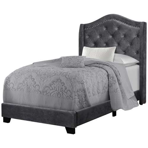 LIT - TAILLE SIMPLE / VELOURS GRIS FONCÉ AVEC BORDURES CHROMÉES 