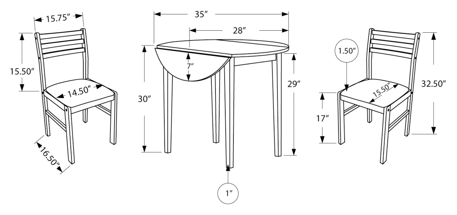 ENSEMBLE DE SALLE À MANGER - ENSEMBLE 3PCS / BLANC AVEC UNE RABAT DE 36"DIA 