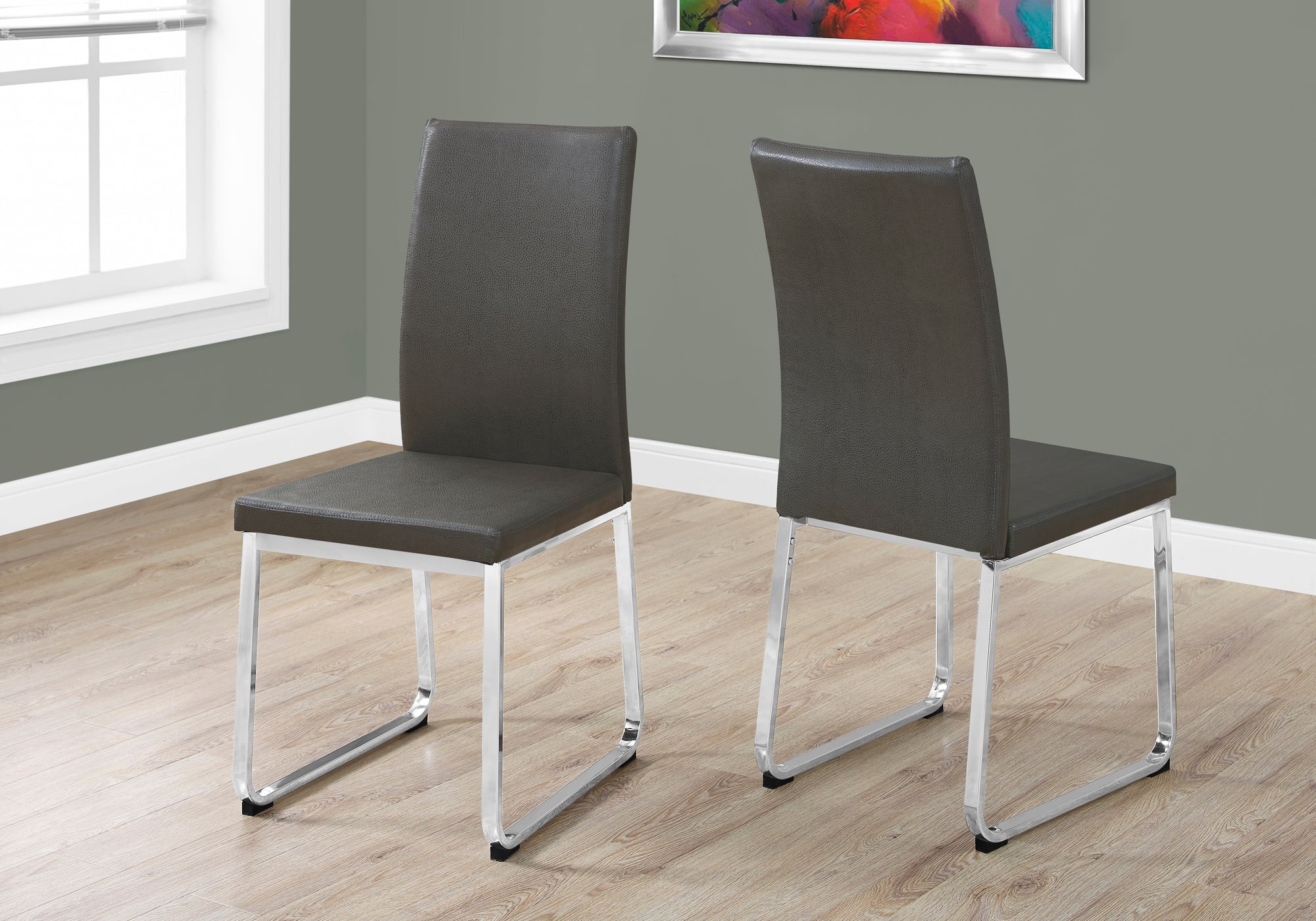 CHAISE DE SALLE A MANGER - 2PCS / 38"H / SIMILI-CUIR GRIS / CHROME 