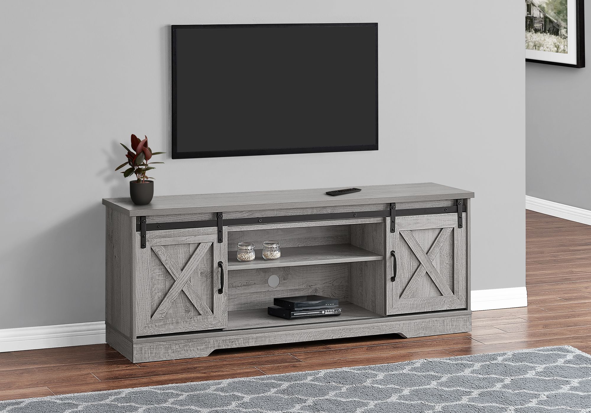 MEUBLE TV - 60"L / GRIS AVEC 2 PORTES COULISSANTES