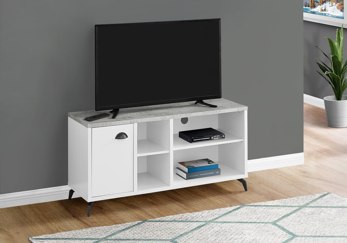 MEUBLE TV - 48"L / DESSUS SIMILI-CIMENT GRIS / BLANC