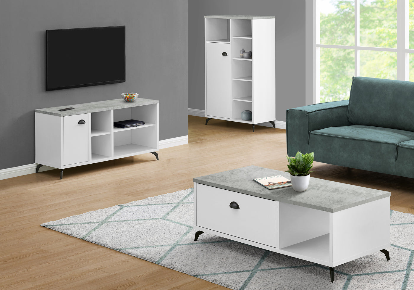MEUBLE TV - 48"L / DESSUS SIMILI-CIMENT GRIS / BLANC