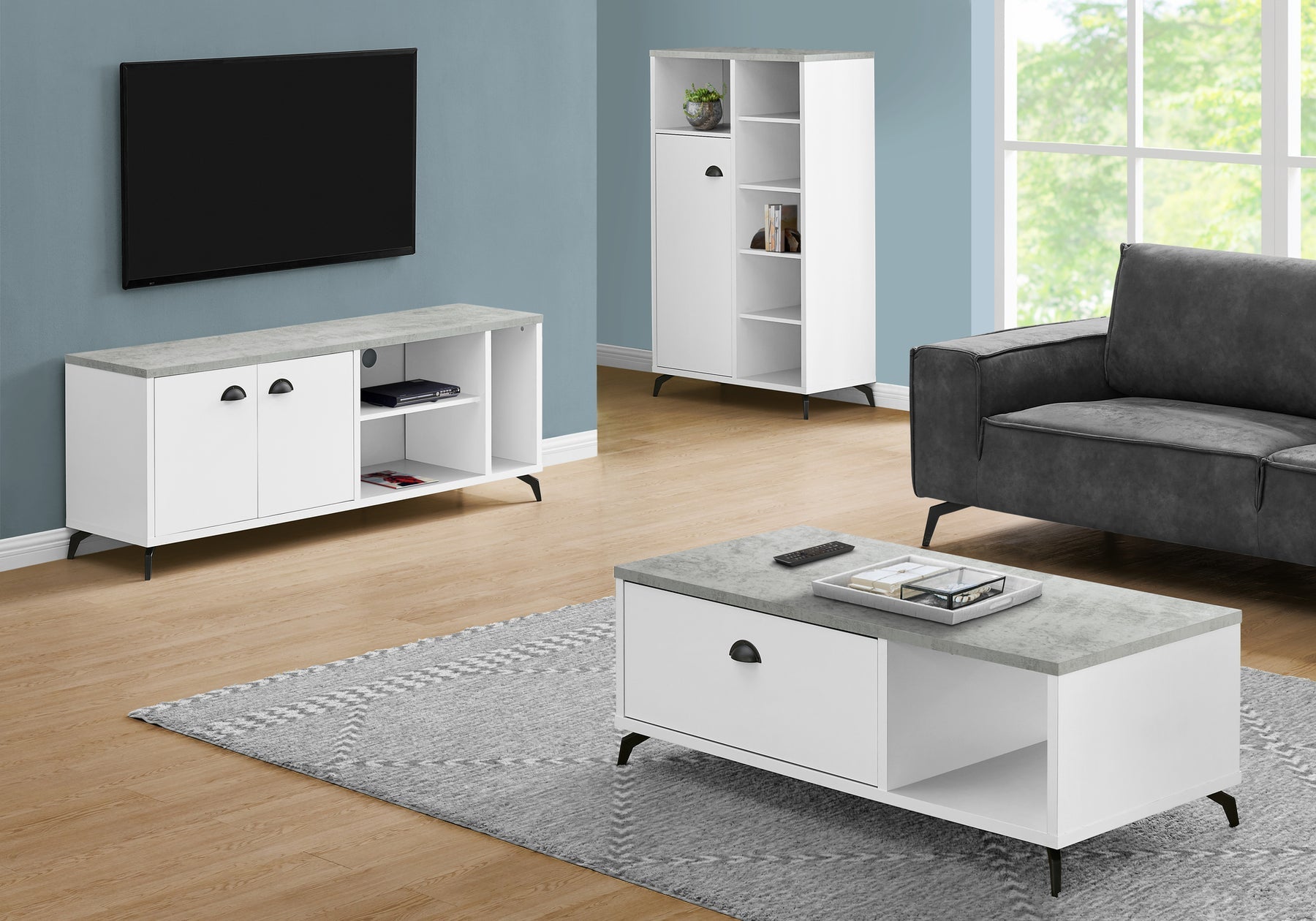 MEUBLE TV - 60"L / DESSUS SIMILI-CIMENT GRIS / BLANC