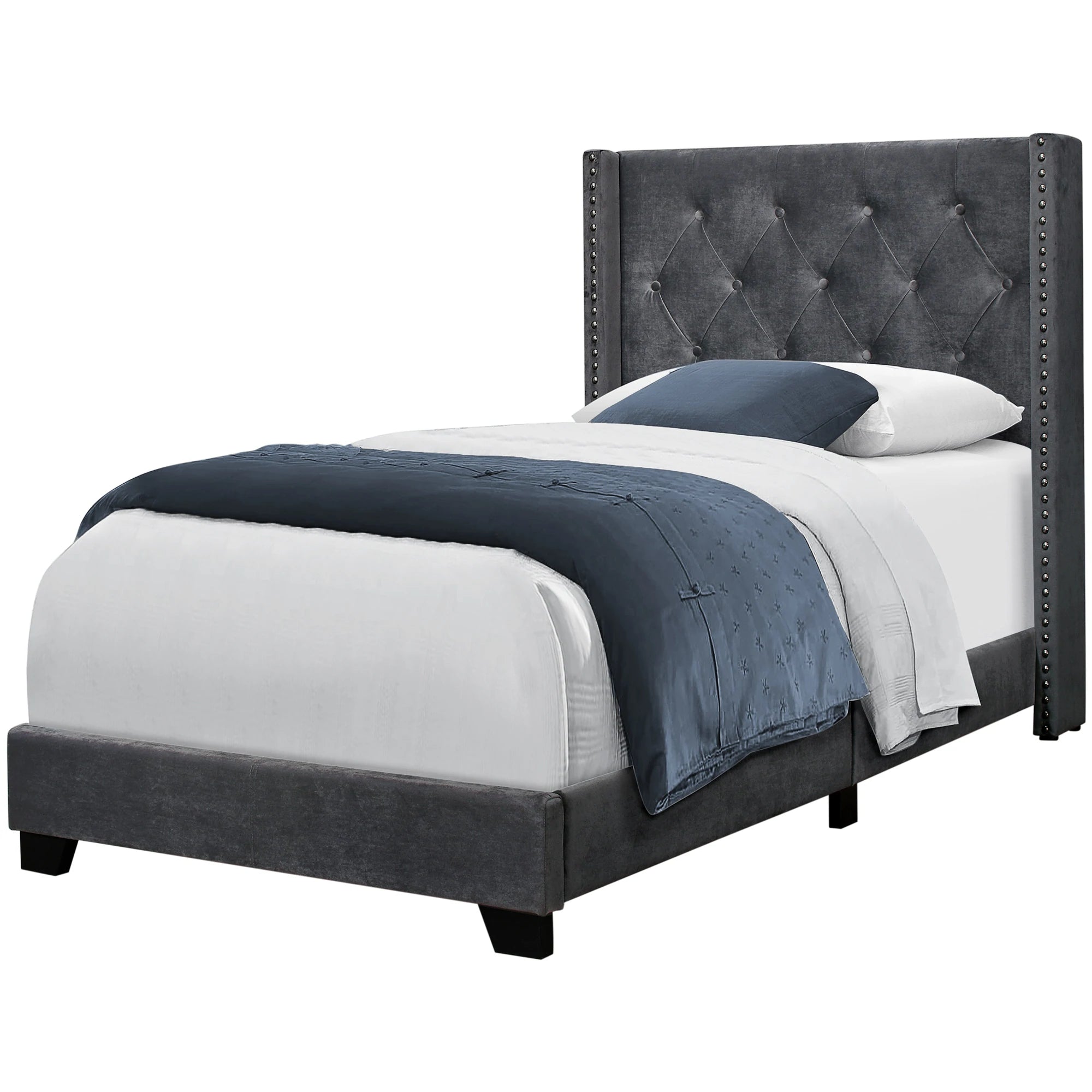 LIT - TAILLE SIMPLE / VELOURS GRIS FONCÉ AVEC BORDURES CHROMÉES 