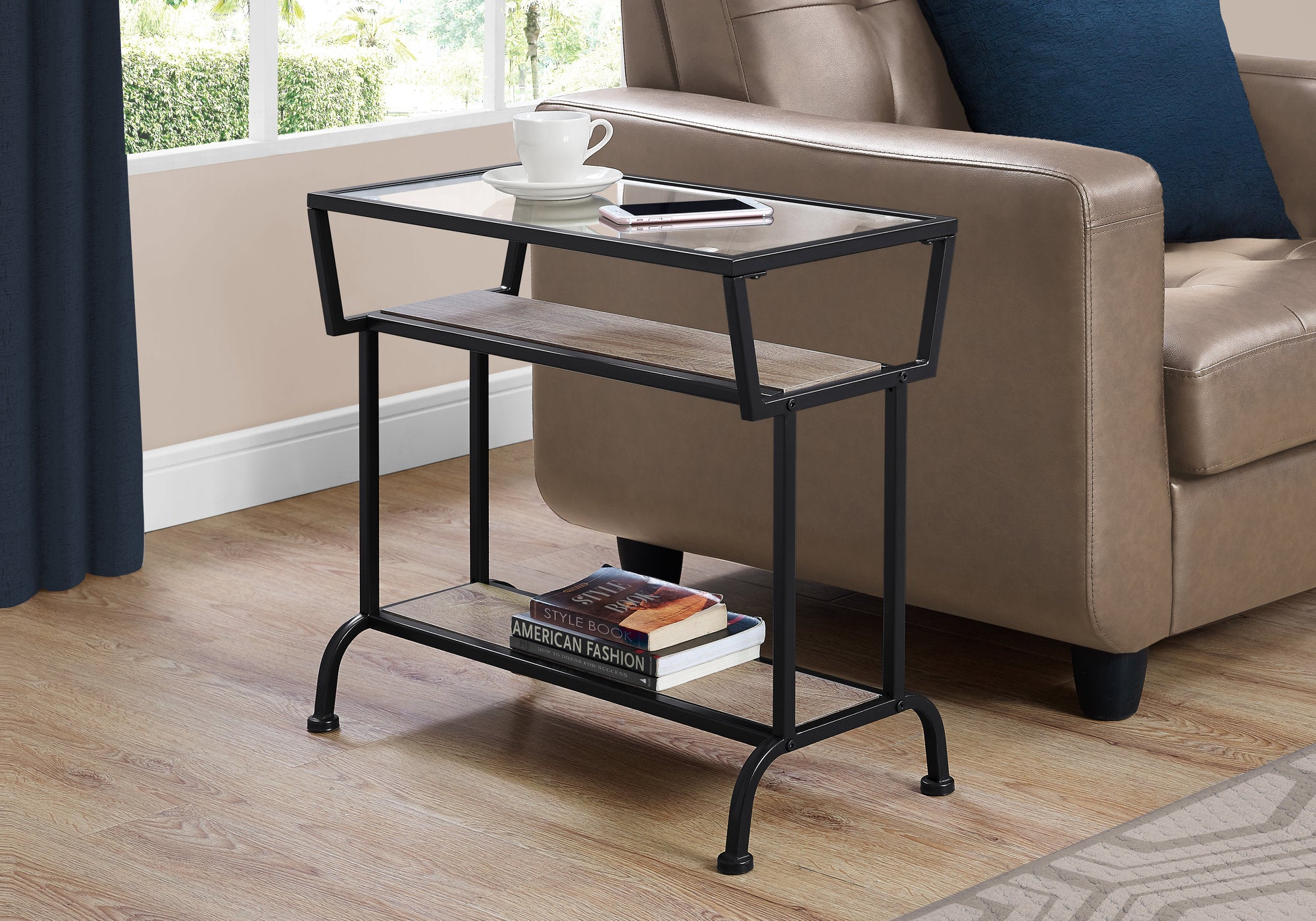 TABLE D'APPOINT - 22"H / TAUPE FONCE / NOIR / VERRE TREMPE 