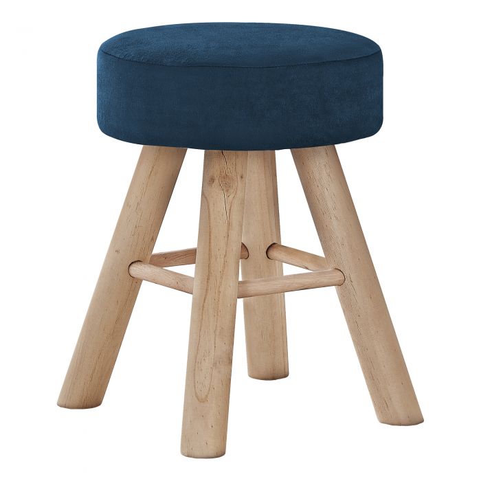 POUF - VELOURS BLEU / PIEDS EN BOIS NATUREL 