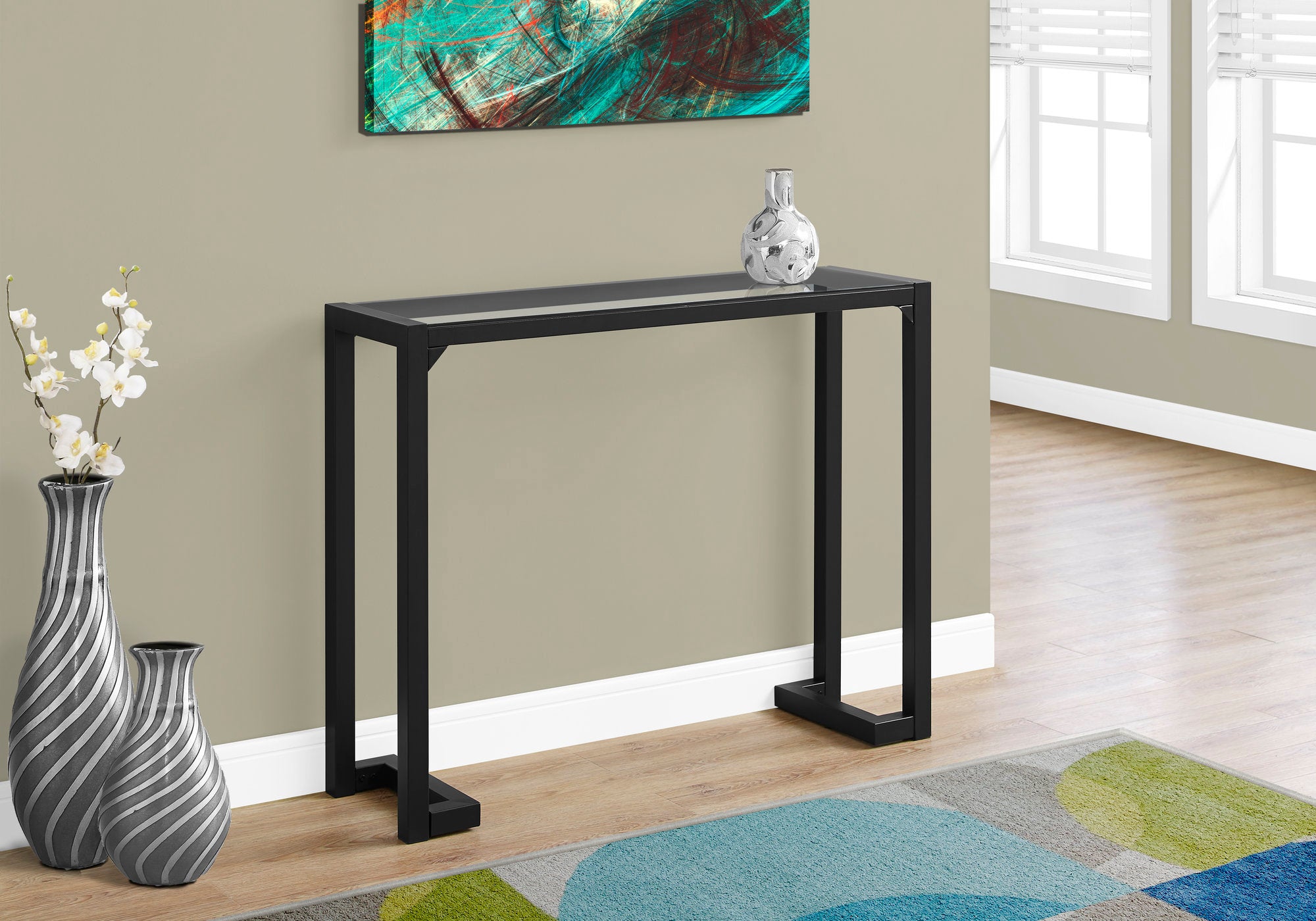 TABLE D'APPOINT - 42"L / NOIR / CONSOLE D'ENTREE EN VERRE TREMPE 
