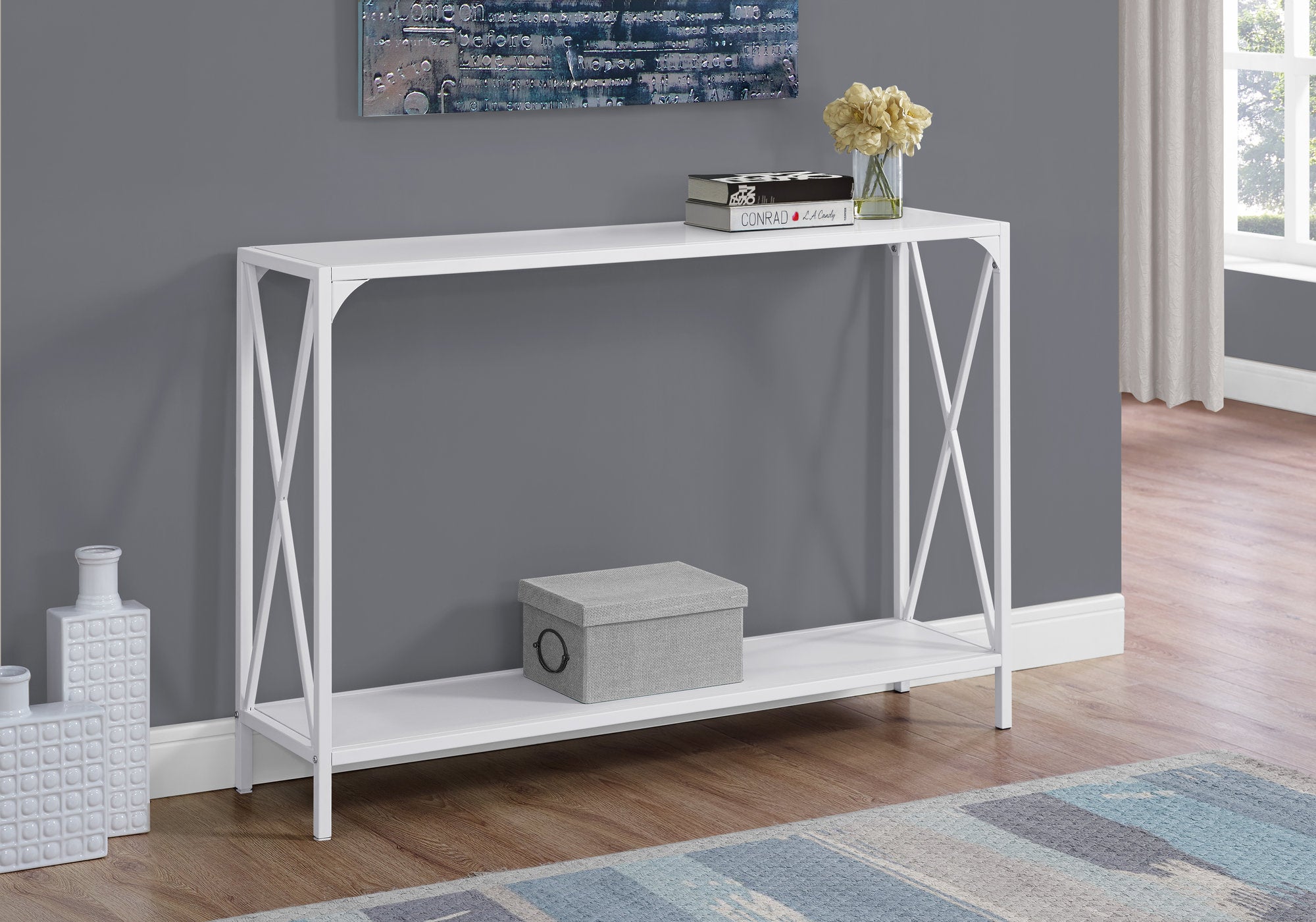 TABLE D'APPOINT - 48"L / BLANC / CONSOLE D'ENTREE METAL BLANC 