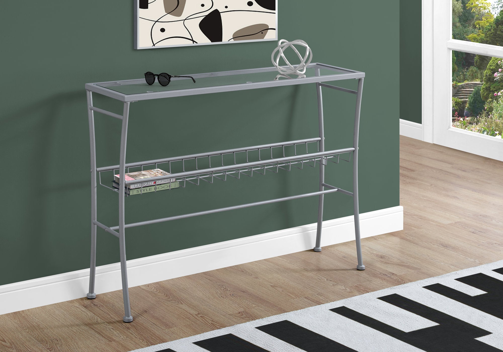 TABLE D'APPOINT - 42"L / ARGENT / CONSOLE D'ENTREE EN VERRE TREMPE 