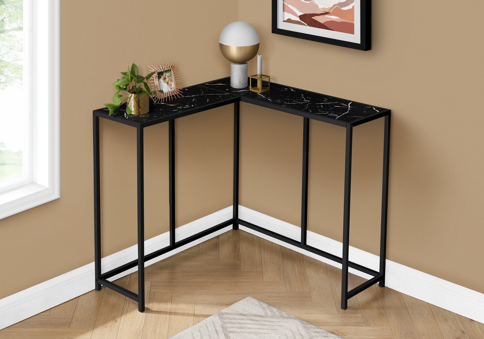 TABLE D'APPOINT - 36"L / MARBRE NOIR / CONSOLE DE COIN NOIRE