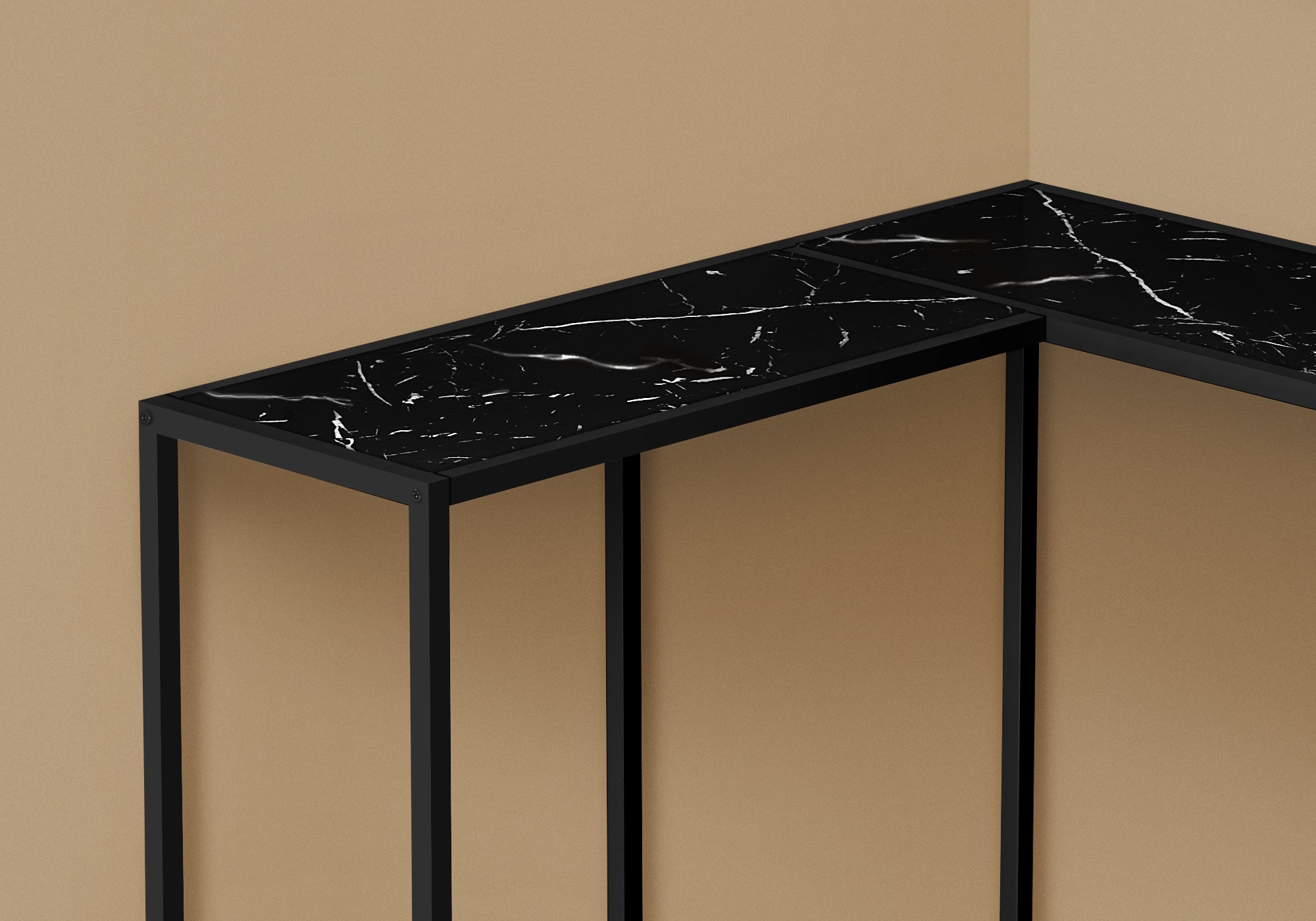TABLE D'APPOINT - 36"L / MARBRE NOIR / CONSOLE DE COIN NOIRE