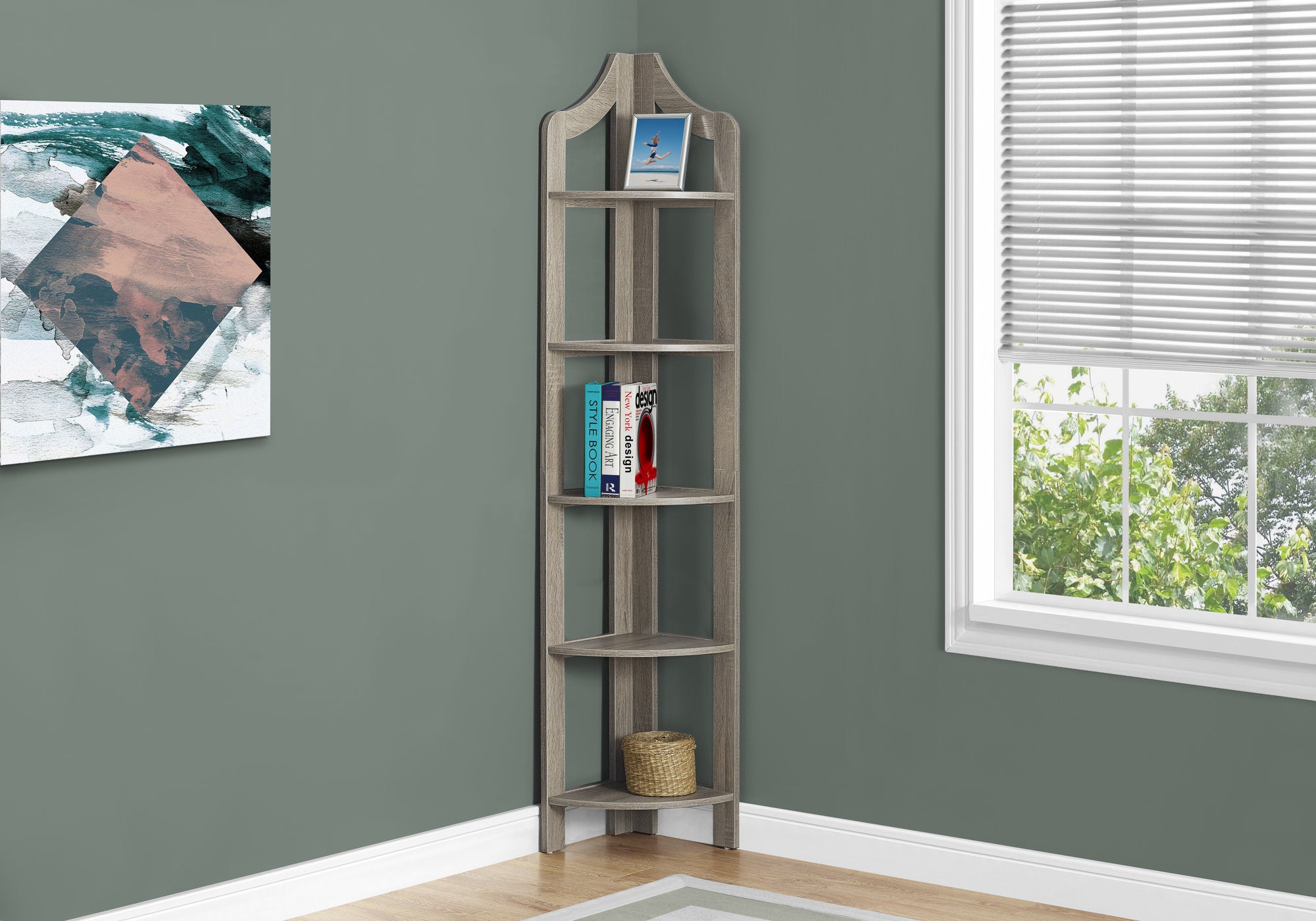 BIBLIOTHÈQUE - 72"H / ÉTAGERE D'ACCENT EN COIN TAUPE FONCÉ 
