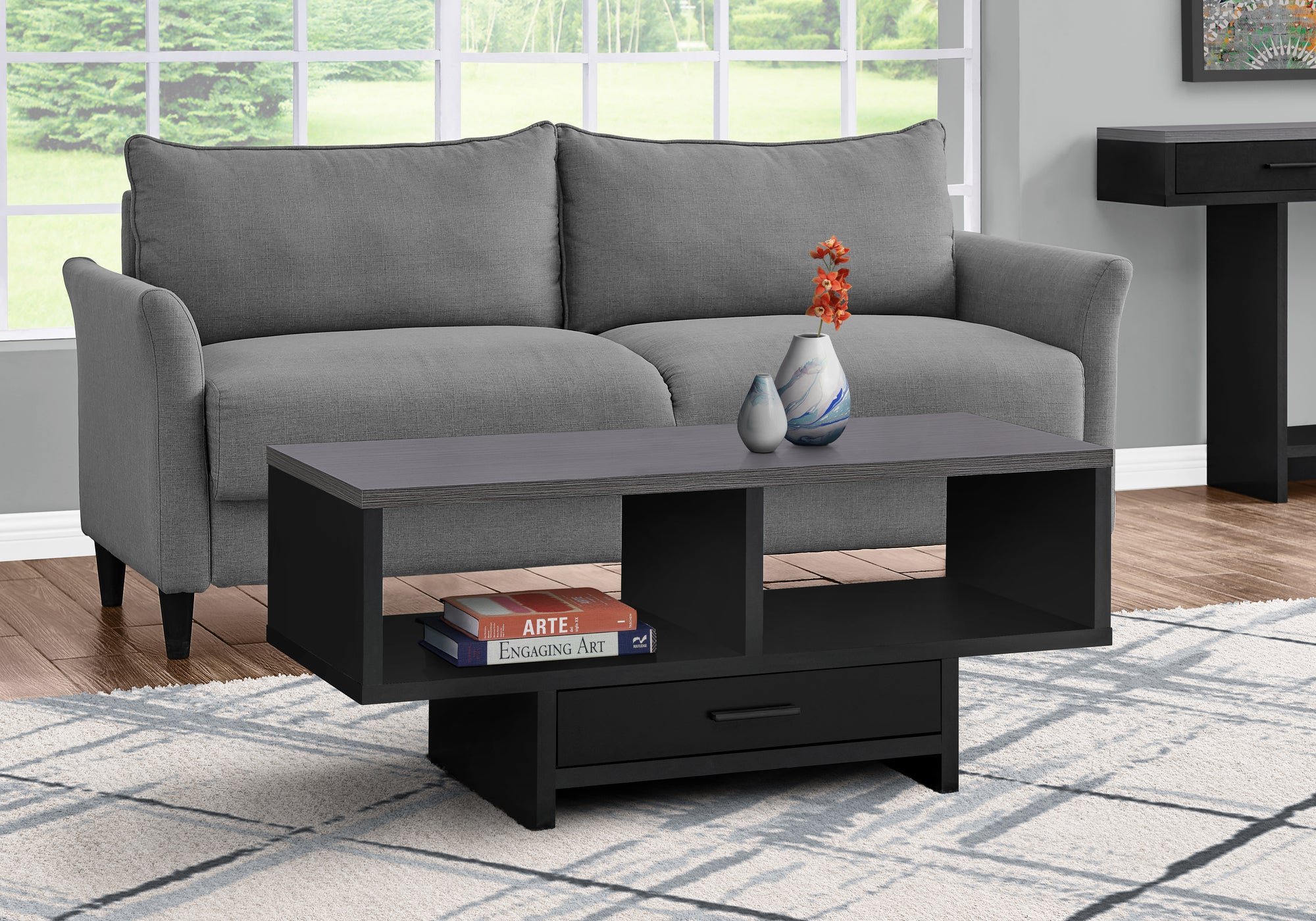 TABLE BASSE - PLATEAU NOIR / GRIS AVEC RANGEMENT 