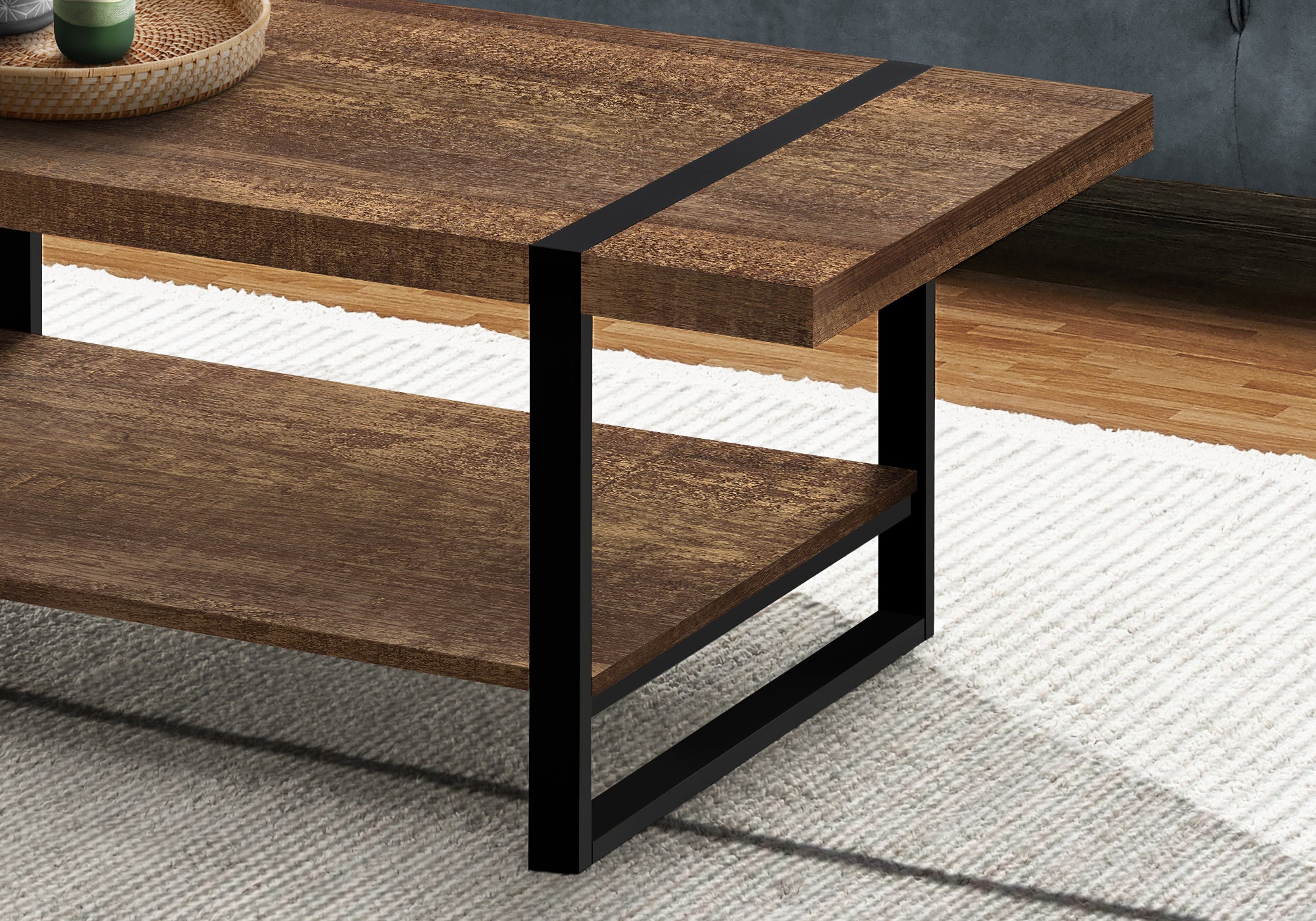 TABLE BASSE - SIMILI BOIS BRUN / MÉTAL NOIR 