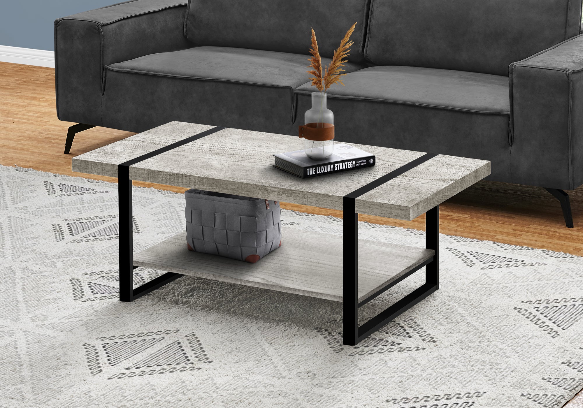 TABLE BASSE - SIMILI BOIS GRIS / MÉTAL NOIR 