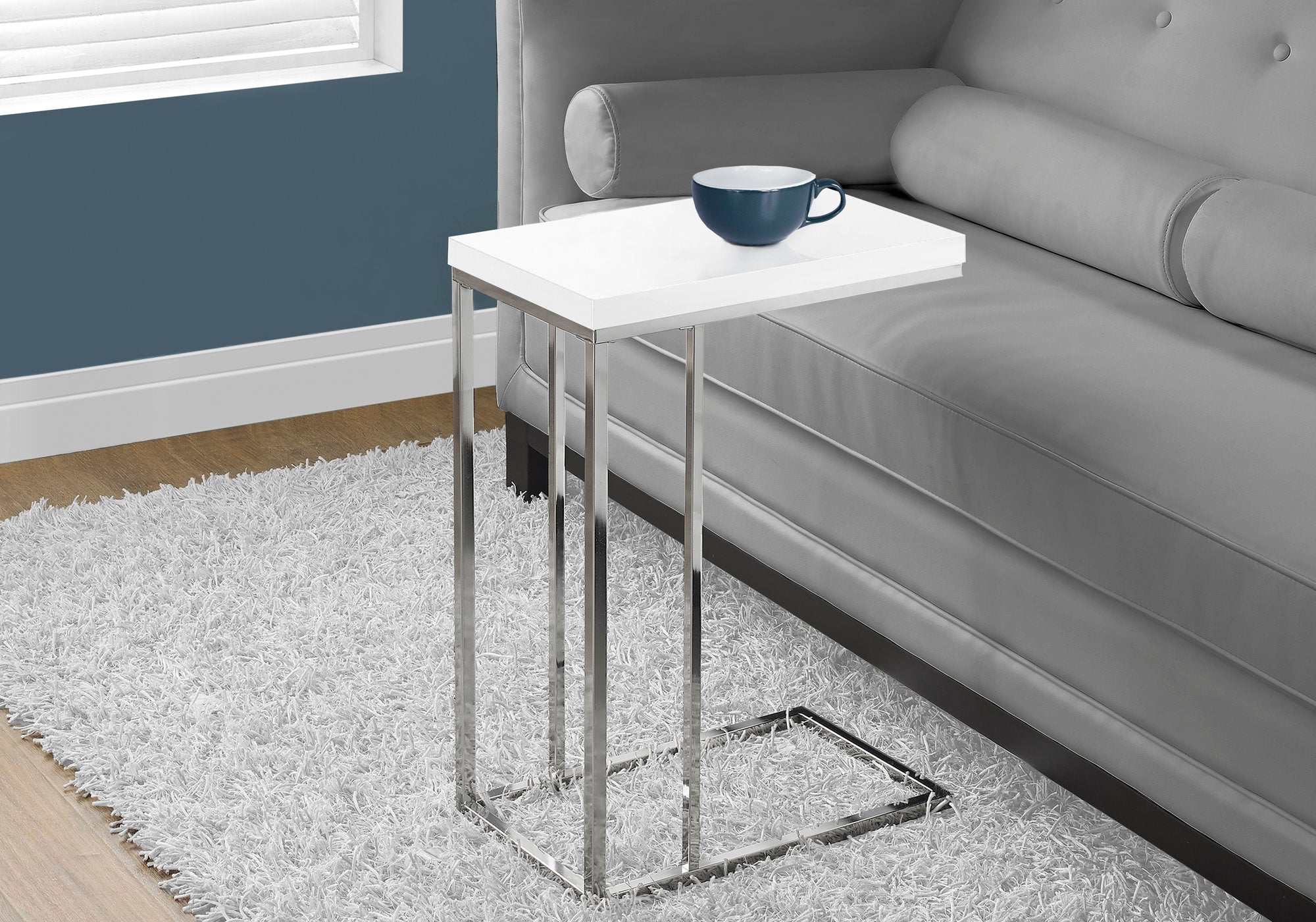 TABLE D'APPOINT - BLANC BRILLANT AVEC MÉTAL CHROMÉ 