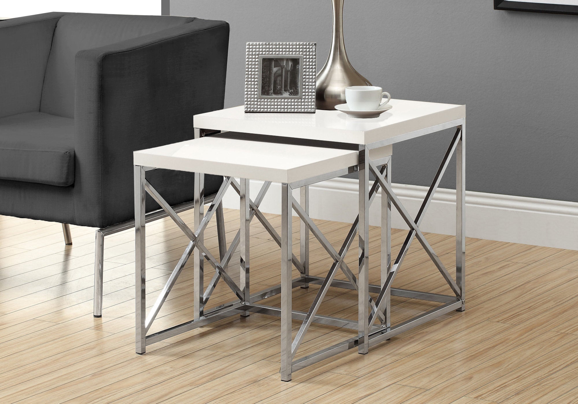 TABLE GIGOGNE - SET 2PCS / BLANC BRILLANT / METAL CHROME