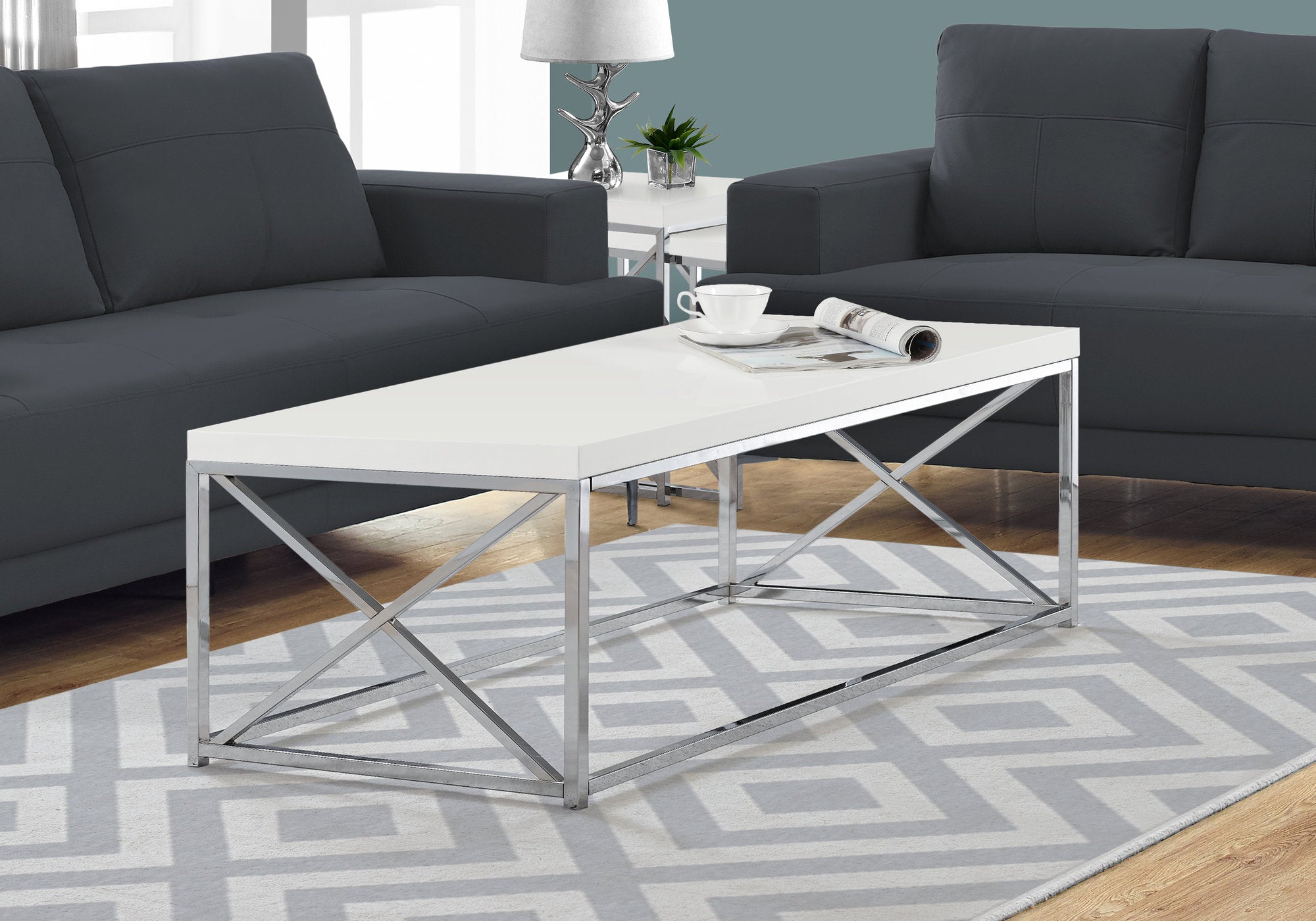 TABLE BASSE - BLANC BRILLANT AVEC MÉTAL CHROMÉ