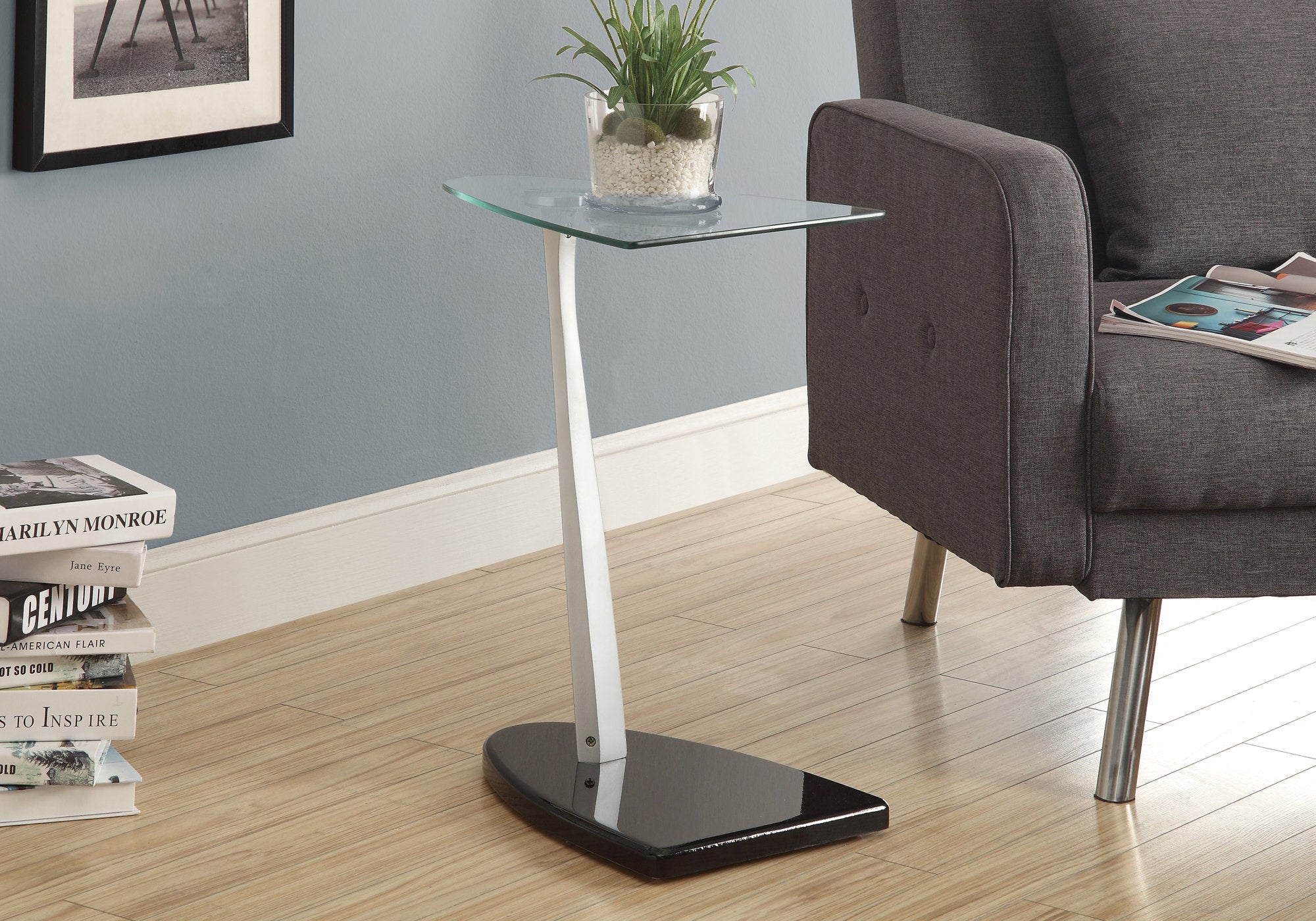 TABLE D'APPOINT - NOIR BRILLANT / ARGENT AVEC VERRE TREMPÉ 