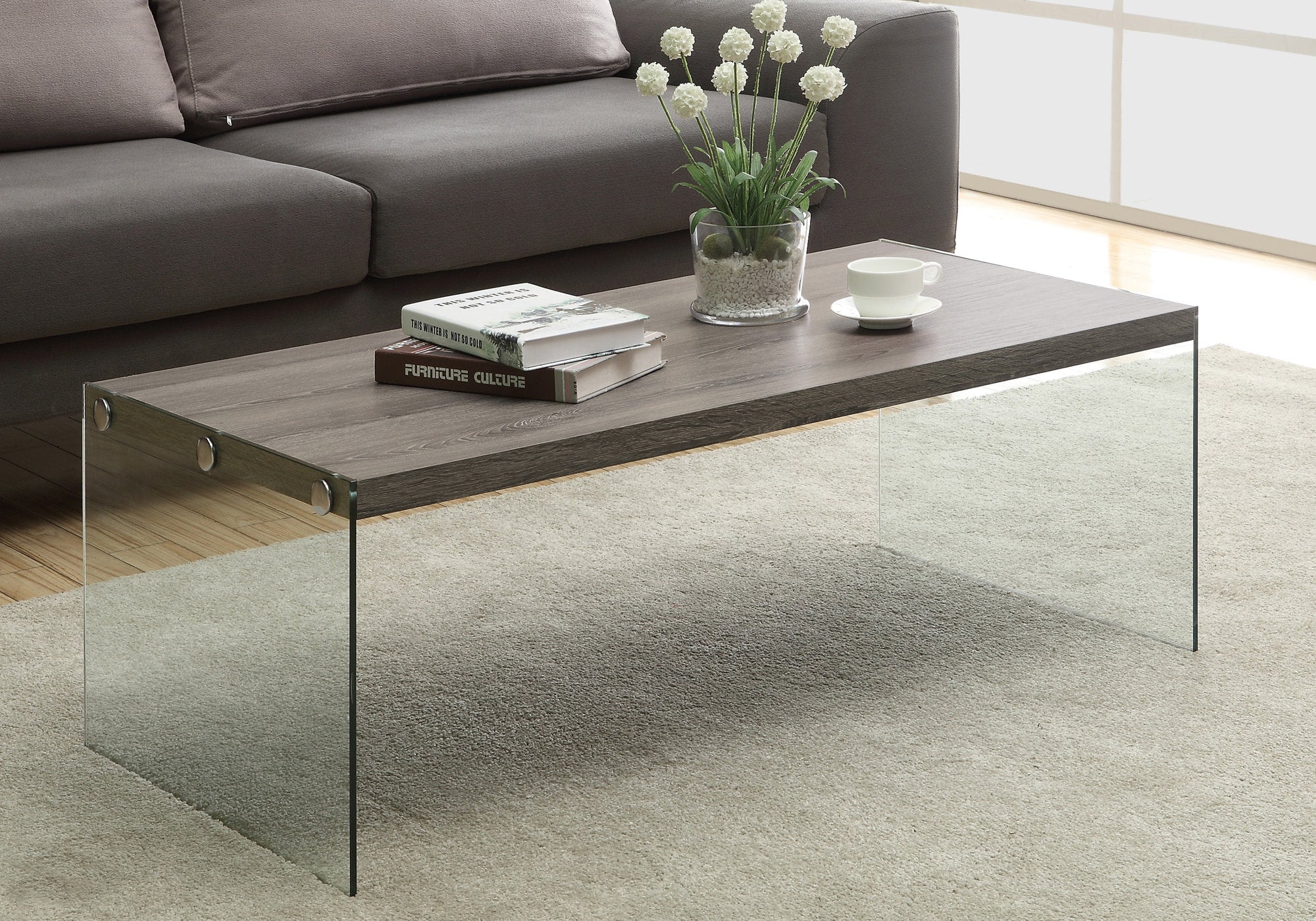 TABLE BASSE - TAUPE FONCÉ AVEC VERRE TREMPÉ 