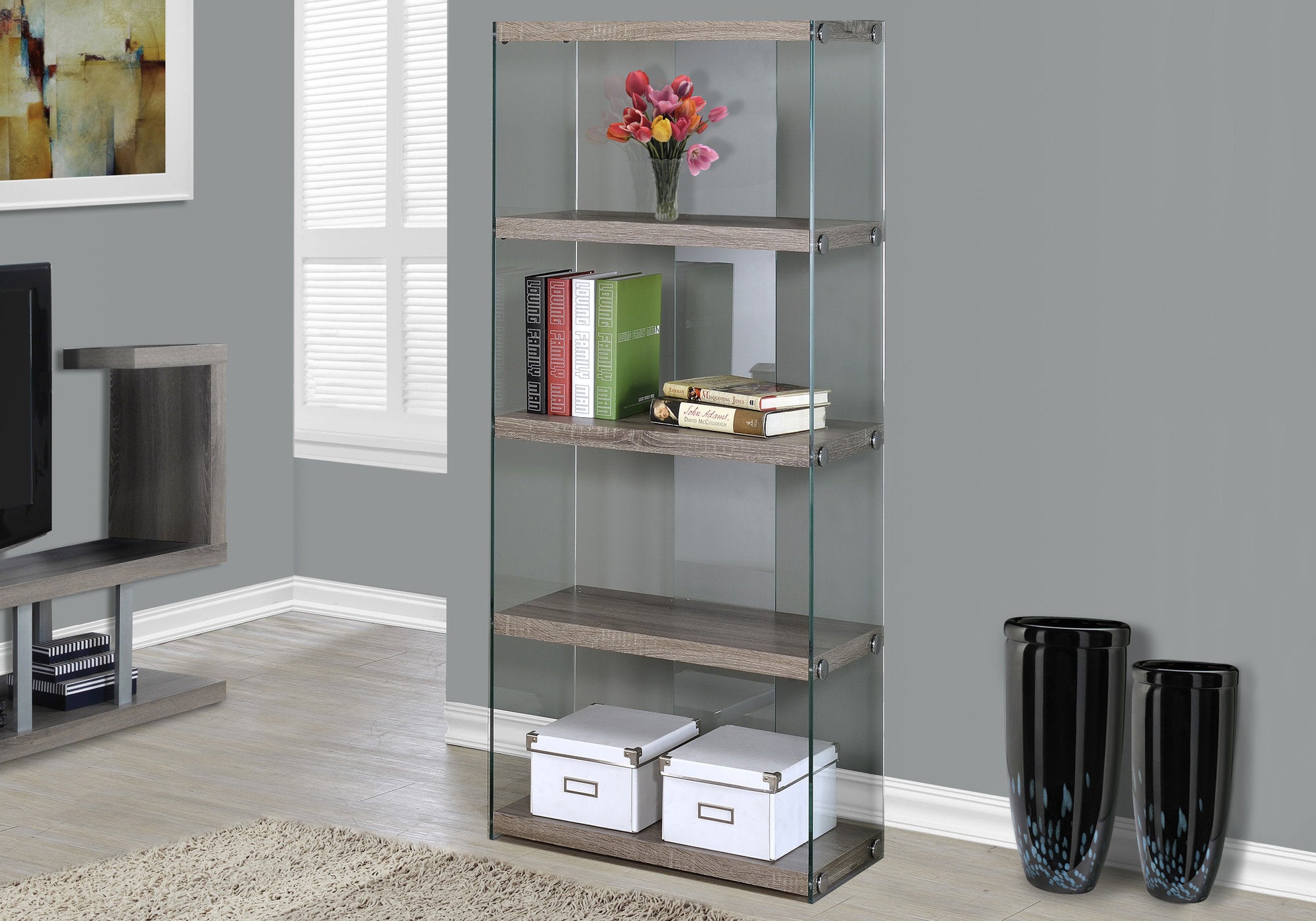 BIBLIOTHÈQUE - 60"H / TAUPE FONCÉ AVEC VERRE TREMPÉ