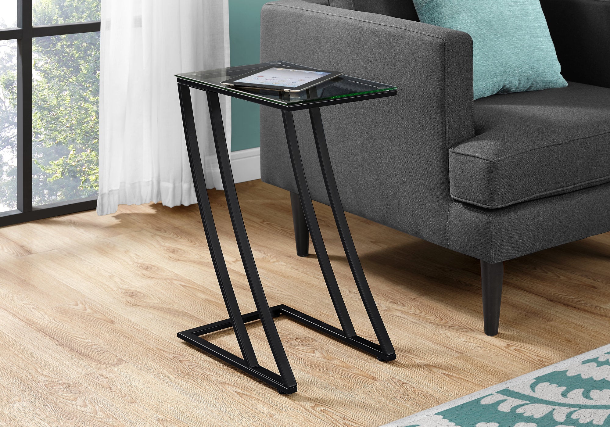 TABLE D'APPOINT - MÉTAL NOIR AVEC VERRE TREMPÉ 