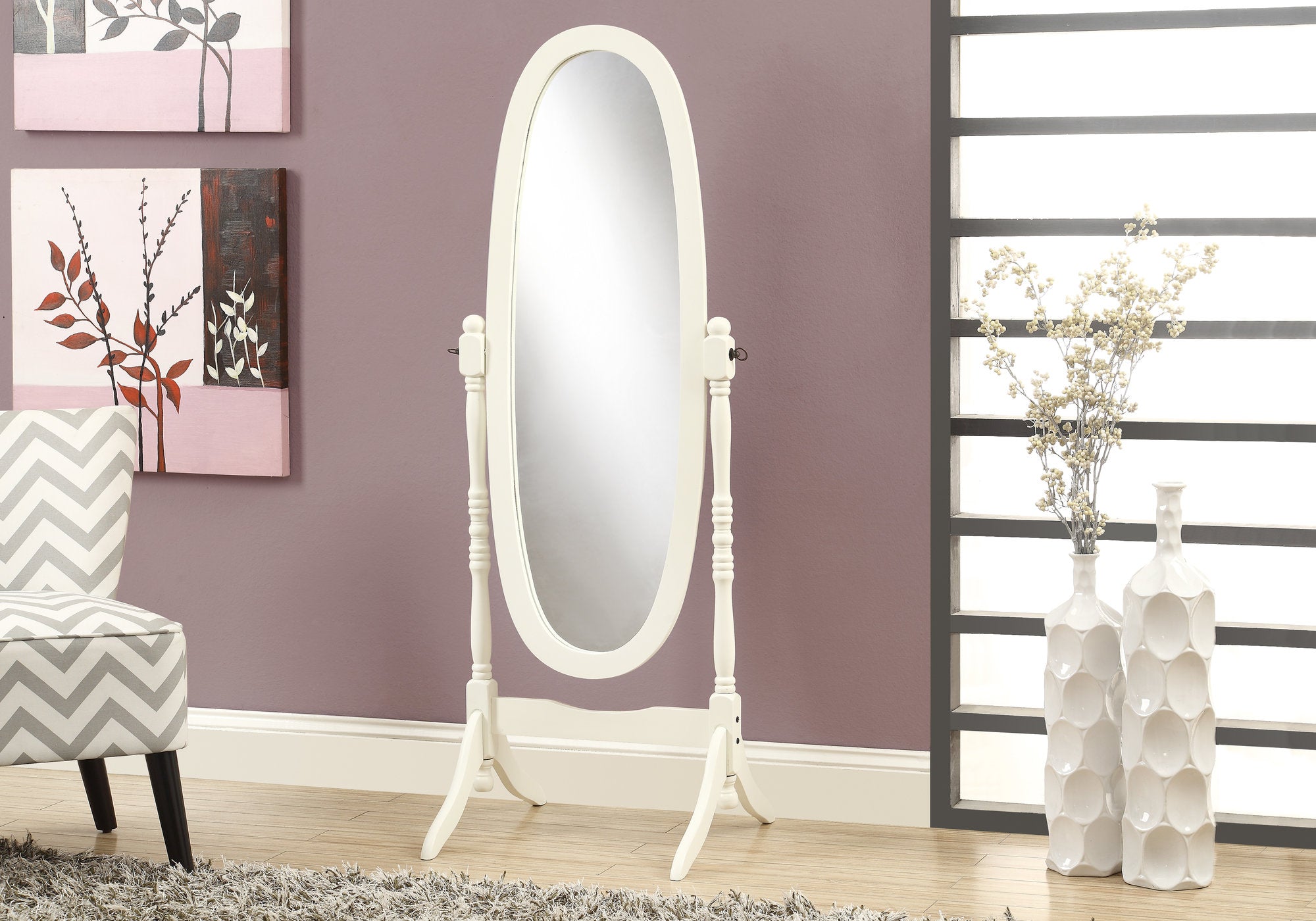 MIROIR - 59"H / CADRE BOIS OVALE BLANC ANTIQUE 