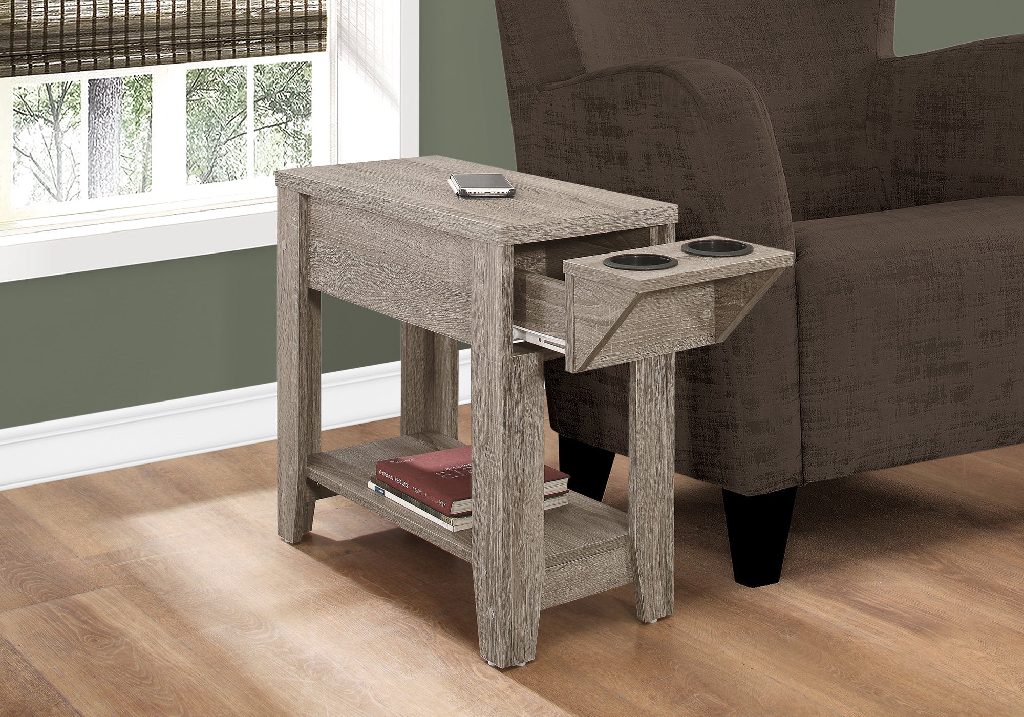 TABLE D'APPOINT - 23"H / TAUPE FONCE AVEC PORTE VERRE 