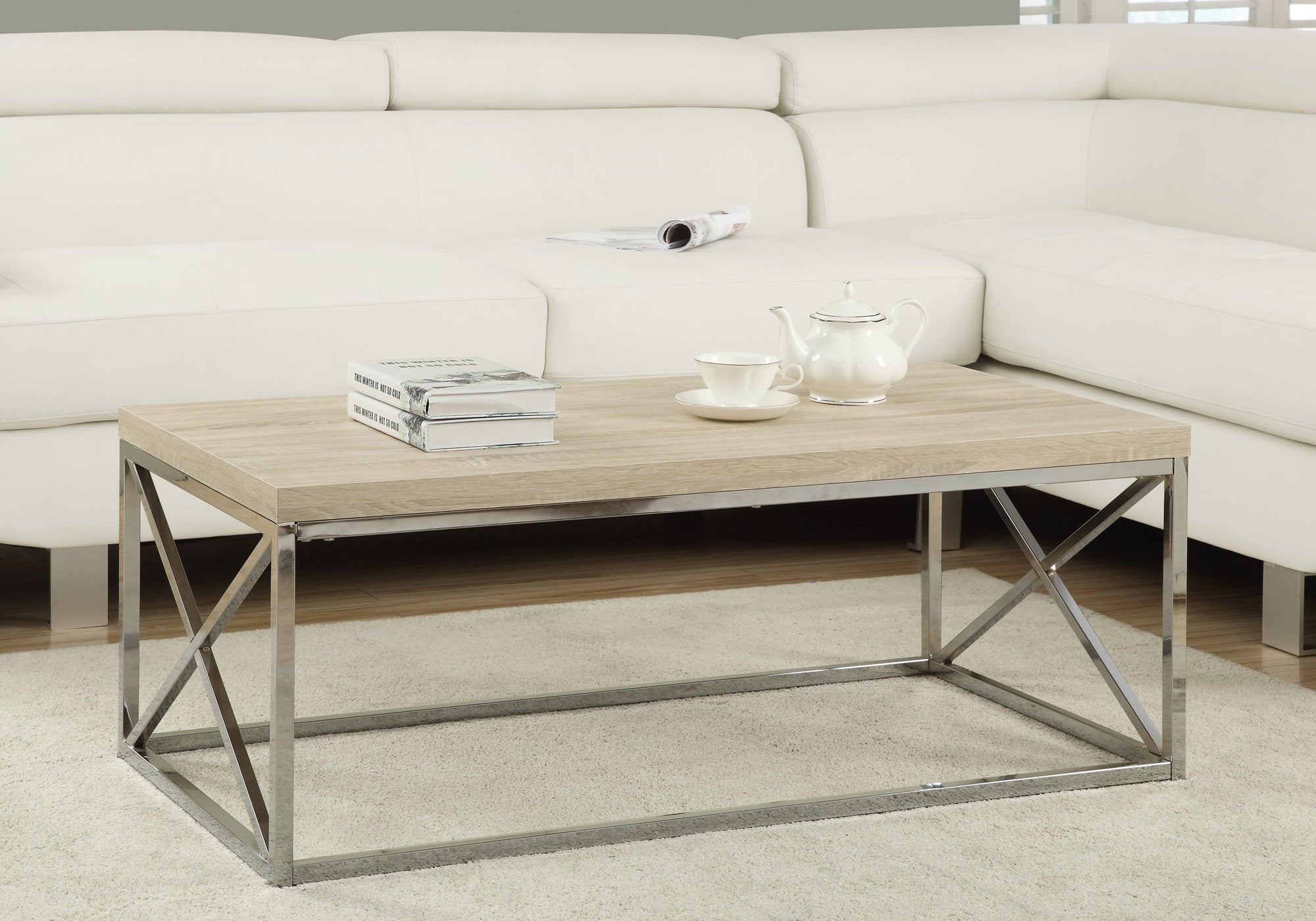 TABLE BASSE - NATUREL AVEC MÉTAL CHROMÉ 